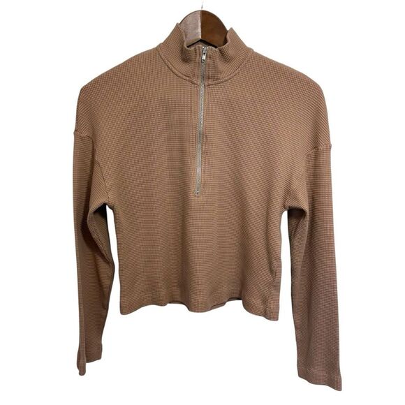 Reformation Sweaters - Reformation Tan Cropped Waffle Knit Quarter Zip Sweater, S